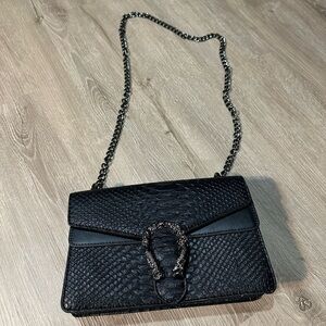 Black Faux Crocodile Embossed Chain Shoulder Bag with Statement Buckle